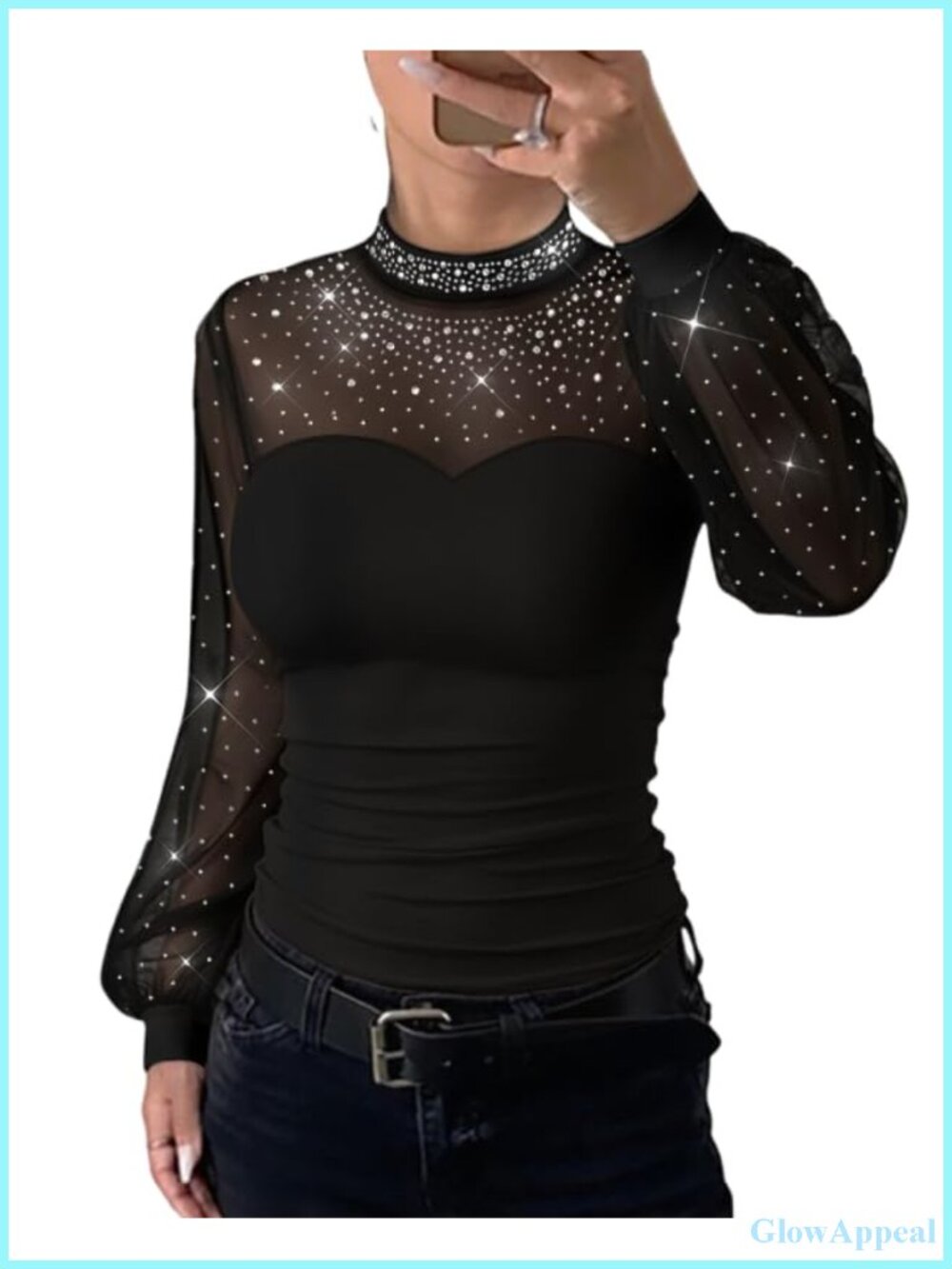 Women's Rhinestone Mesh Spliced Mock Neck Long Sleeve Top